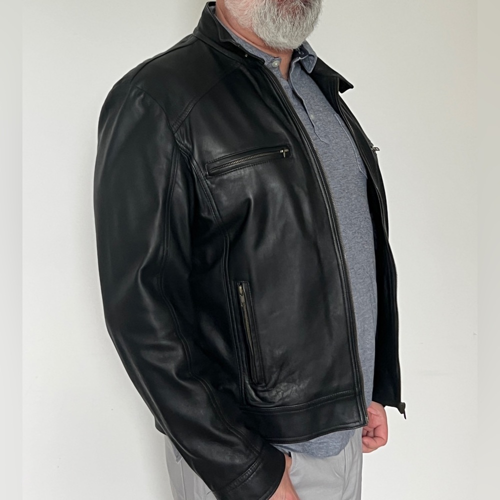 Classic men's black leather jacket handcrafted in Italy, size 52.
